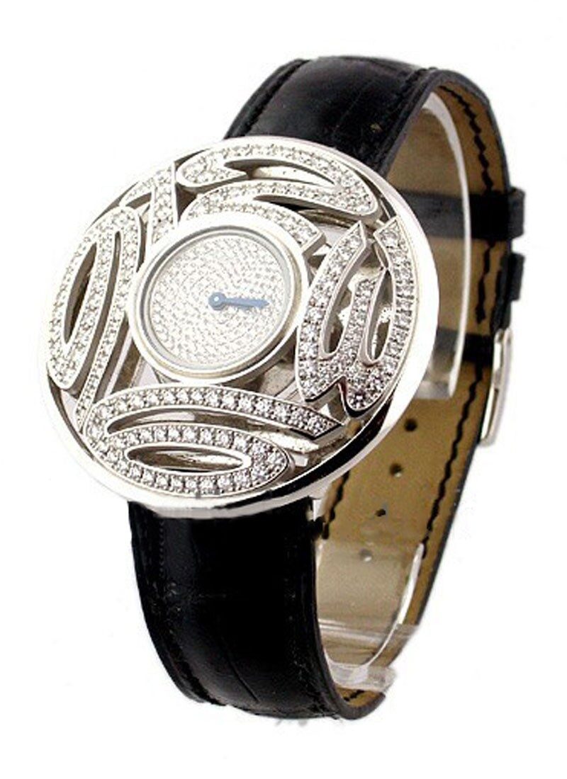 Chopard Lady's Round Boutique Diamond Dial Black Leather Strap Ladies Quartz Watch#137129-20 - Watches of America