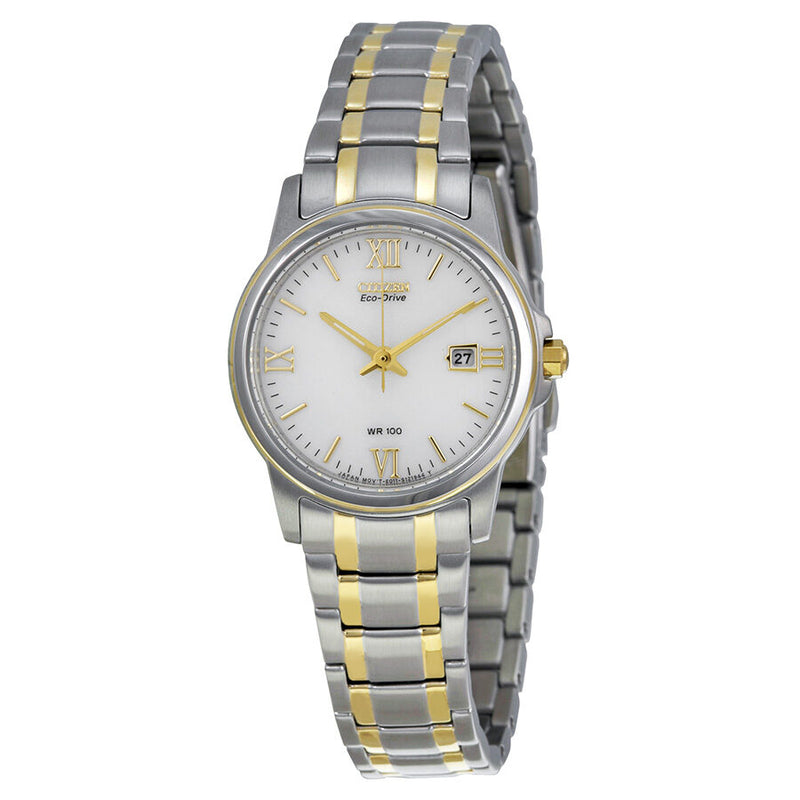Citizen Eco Drive White Dial Two Tone Stainless Steel Ladies Watch #EW1914-56A - Watches of America