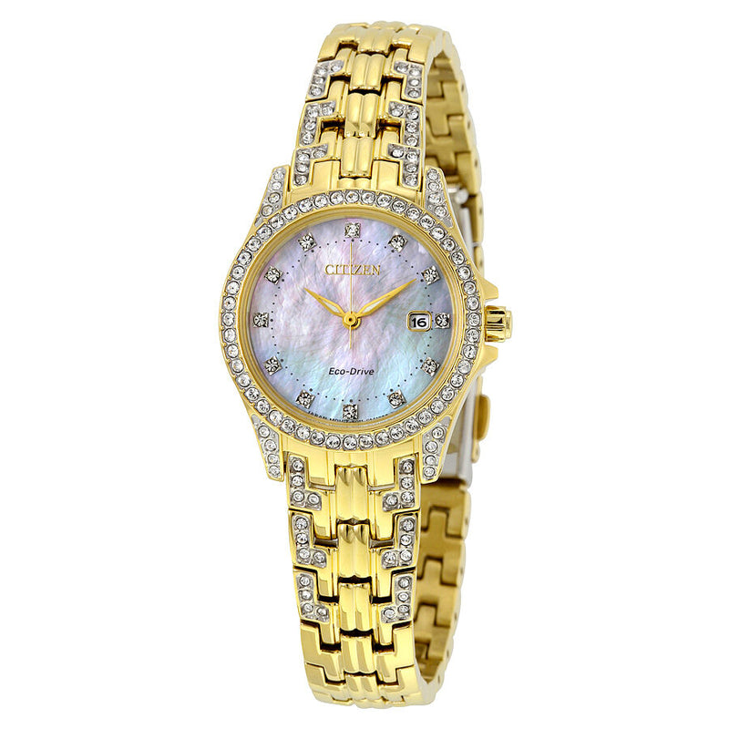 Citizen Silhouette Eco-Drive Crystal Mother of Pearl Dial Gold-Tone Ladies Watch #EW1222-84D - Watches of America