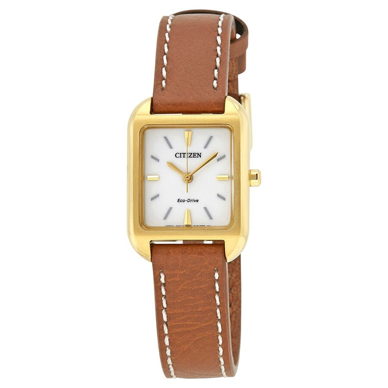 Citizen Silhouette Eco-Drive White Dial Brown Leather Ladies Watch #EM0492-02A - Watches of America