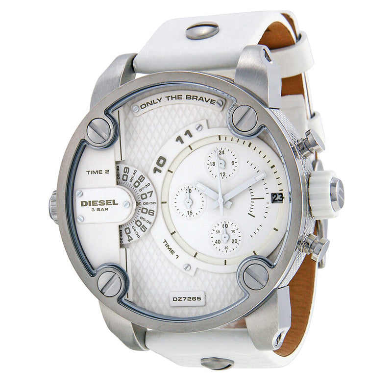 Diesel Bass Ass Chronograph White Dial White Leather Men's Watch #DZ7265 - Watches of America