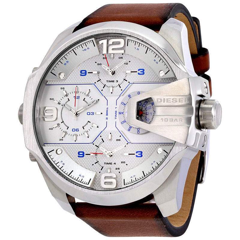 Diesel Uber Chief Silver Dial Brown Leather Men's Watch DZ7374 - Watches of America