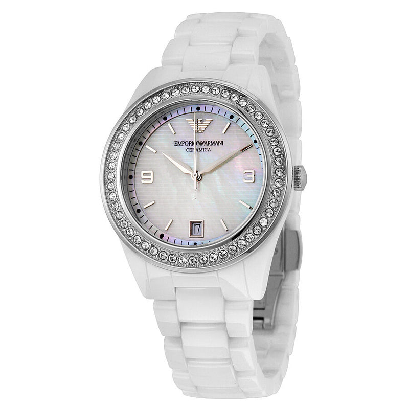 Emporio Armani Crystal Mother of Pearl Dial Ladies Watch AR1426 - Watches of America