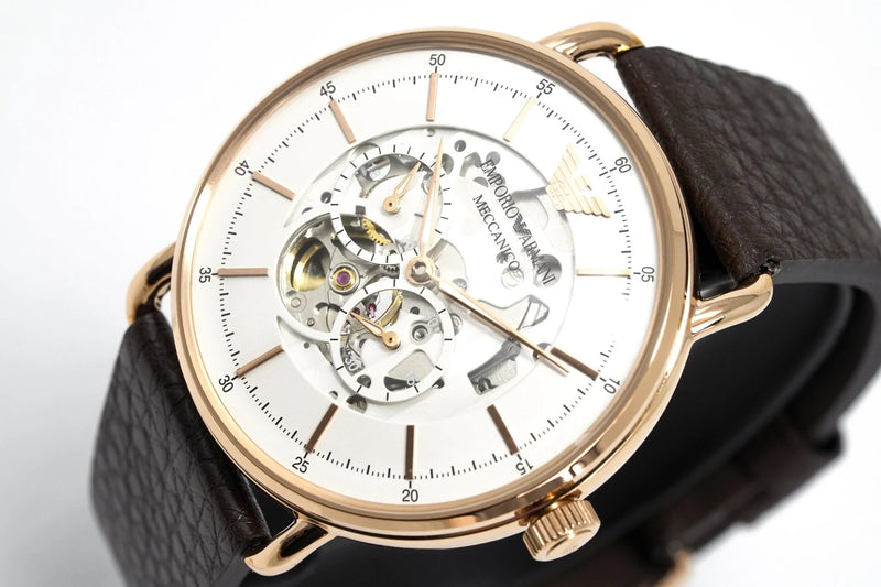 Emporio Armani Aviator Automatic Men\'s White Skeleton Dial Watch AR600 –  Watches of America