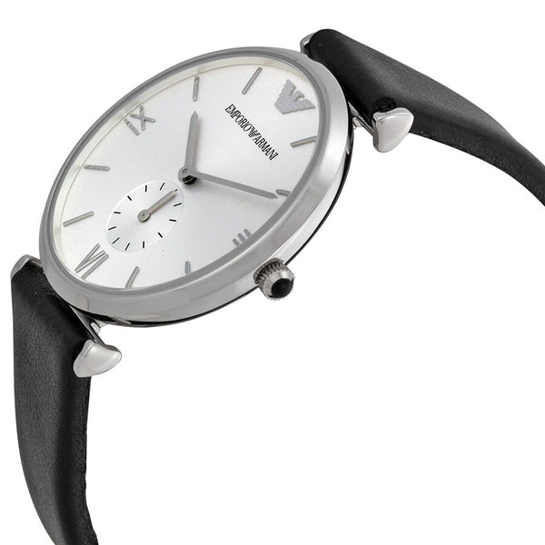 Emporio Armani Retro Silver Dial Black Leather Strap Men's Watch #AR1674 - Watches of America #2