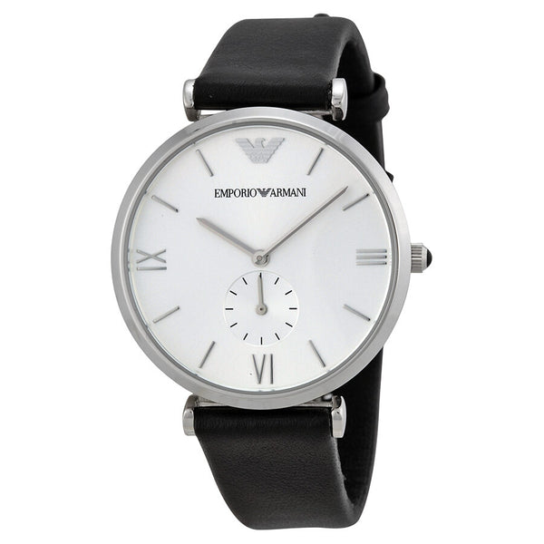 Emporio Armani Retro Silver Dial Black Leather Strap Men's Watch #AR1674 - Watches of America
