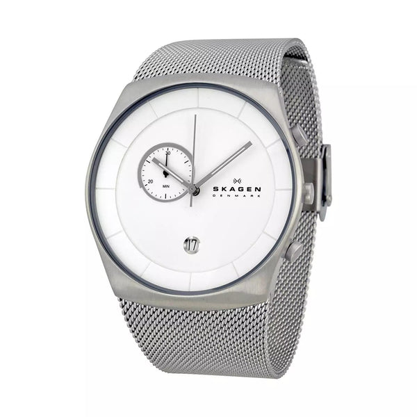 Skagen Havene Reloj de malla de acero inoxidable con esfera blanca para hombre SKW6071