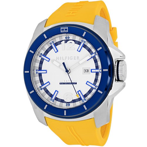 Tommy Hilfiger White and Navy Dial Yellow Rubber Men's Watch  1791115 - Watches of America