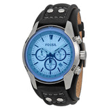 Fossil Blue Glass Chronograph Black Leather Strap Men's Watch #CH2564 - Watches of America