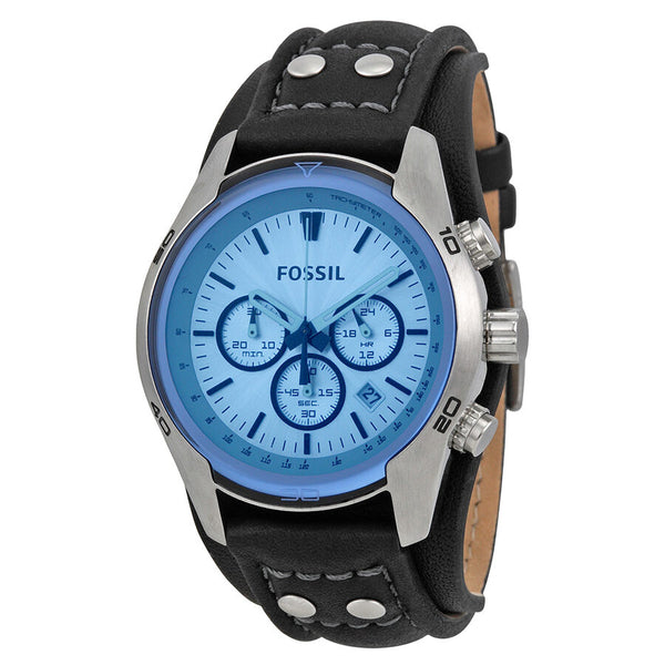 Fossil Blue Glass Chronograph Black Leather Strap Men's Watch #CH2564 - Watches of America