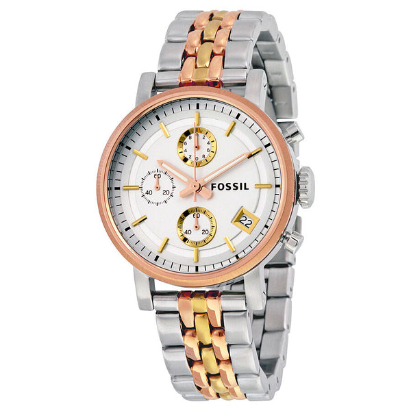 Fossil Boyfriend Chronograph Silver Dial Tri- tone Ladies Watch ES3840 - Watches of America