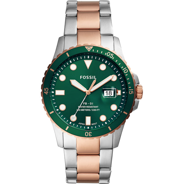Fossil FB-01 Reloj de hombre de dos tonos con esfera verde de cuarzo FS5743