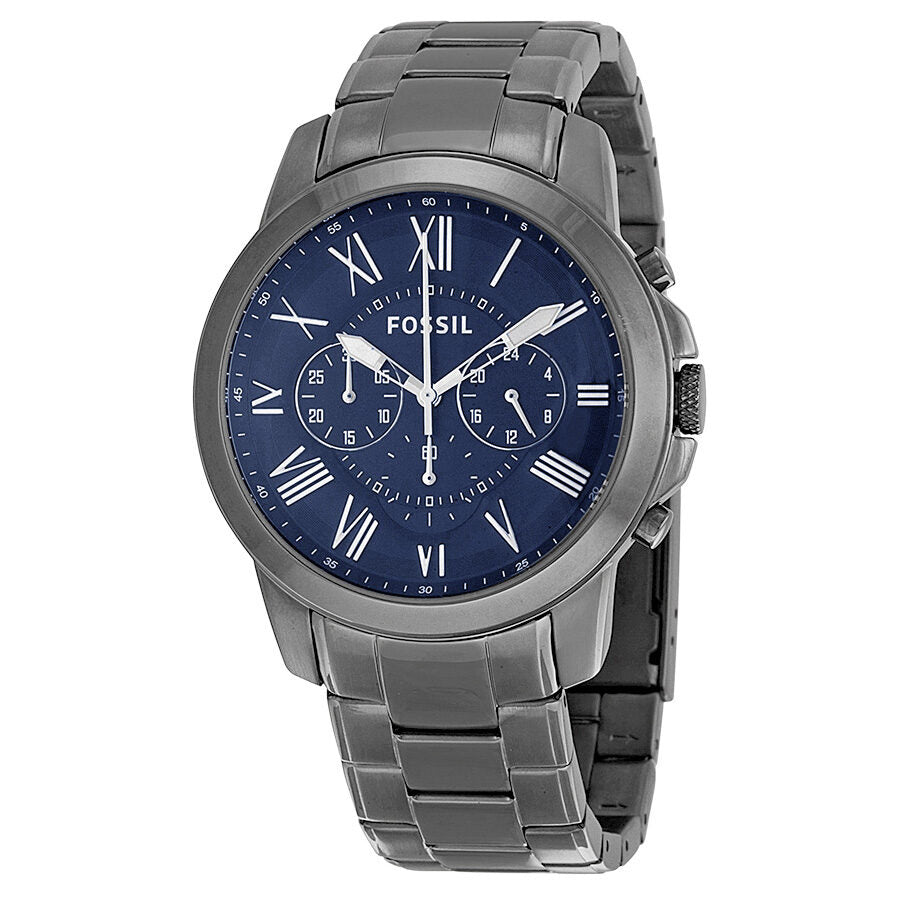 fossil grant chronograph dark blue dial smoke ionplated watch