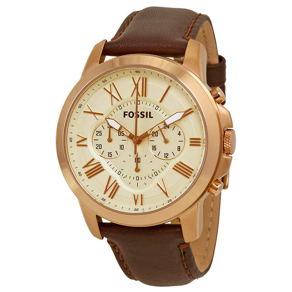 Fossil Grant Chronograph Eggshell Dial Brown Leather Men's Watch FS4991 - Watches of America