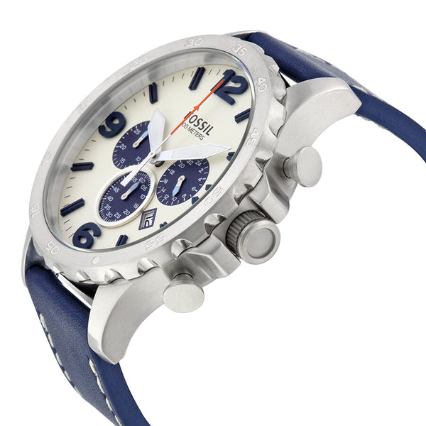 Fossil Nate Chronograph Beige Dial Navy Blue Leather Men's Watch JR1480 - Watches of America #2