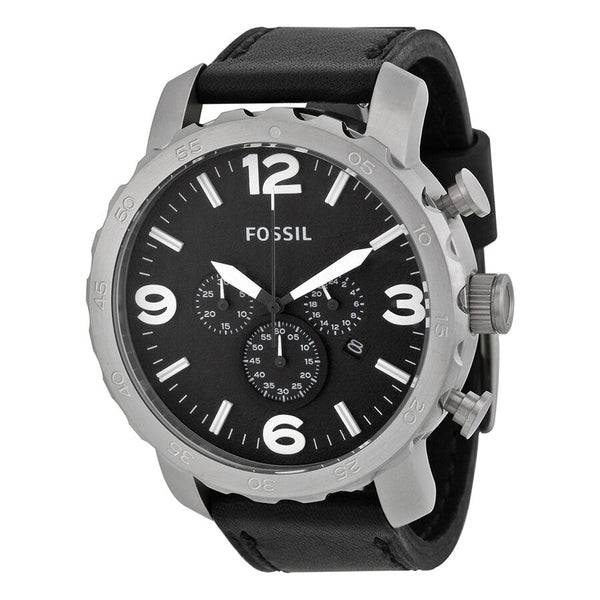 Fossil Nate Chronograph Black Dial Black Leather Men's Watch JR1436 - Watches of America