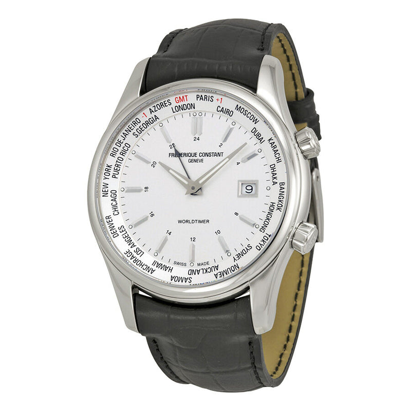 Frederique Constant Index Worldtimer Silver Dial Black Leather Men's Watch #255S6B6 - Watches of America