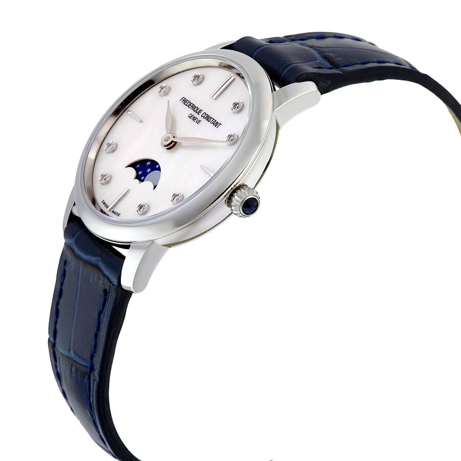 Frederique Constant Slimline Moonphase Mother of Pearl Dial Diamond Blue Leather Ladies Watch FC 206MPWD1S6 Watches of America