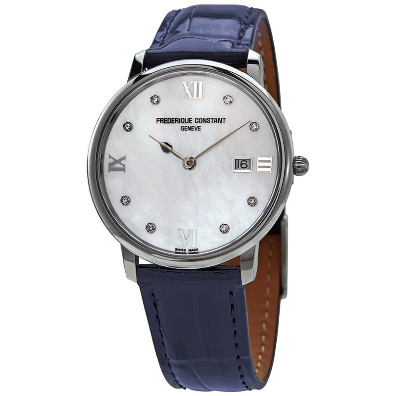 Frederique Constant Slimline Quartz Diamond White Mother of Pearl Dial Ladies Watch #FC-220MPWD3S6 - Watches of America