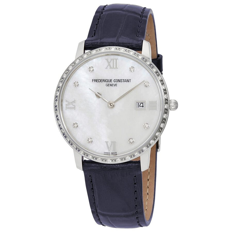 Frederique Constant Slimline Diamond White Mother of Pearl Dial Ladies Watch #FC-220MPWD3SD6 - Watches of America