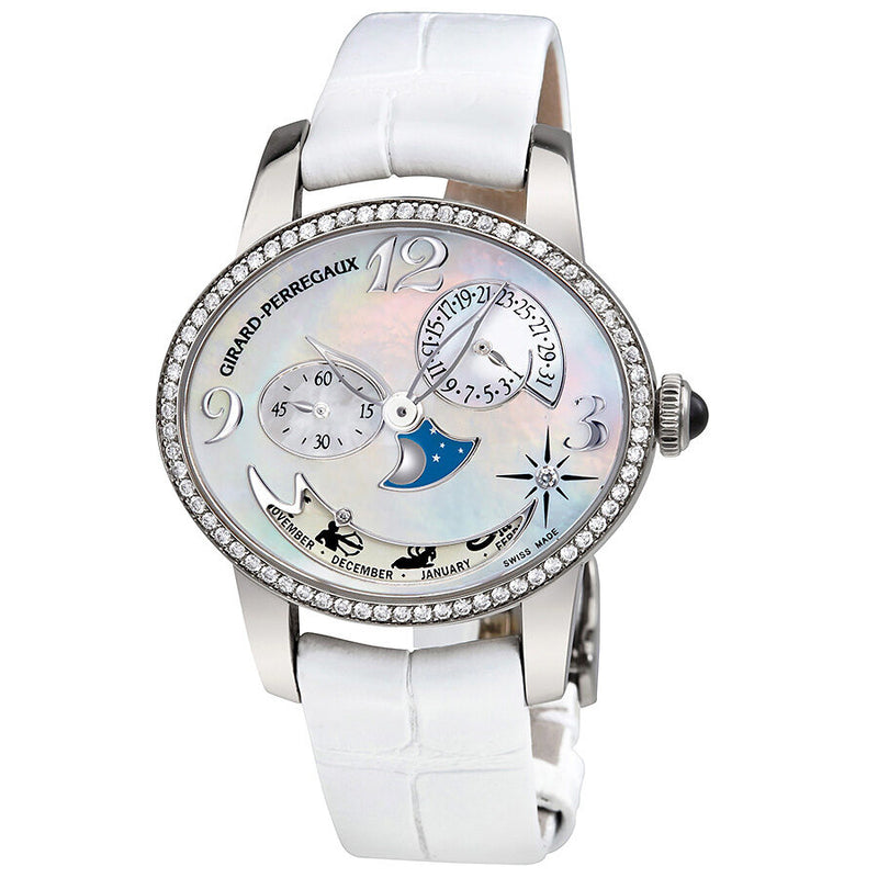 Girard Perregaux Cat's Eye Mother of Pearl Zodiac Dial 18K White Gold Diamond Ladies Watch #80483D53A761-BK7A - Watches of America