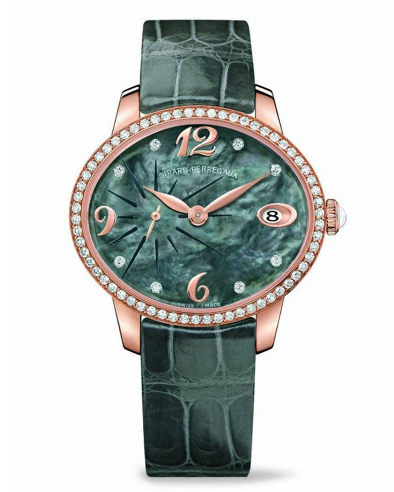 Girard Perregaux Cats Eye Green Mother of Pearl 18kt Rose Gold Diamond Leather Ladies Watch #80484D52A661-BK6A - Watches of America