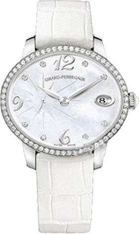 Girard Perregaux Cats Eye Mother of Pearl Dial 18kt White Gold Leather Ladies Watch #80484D53A761-BK7A - Watches of America