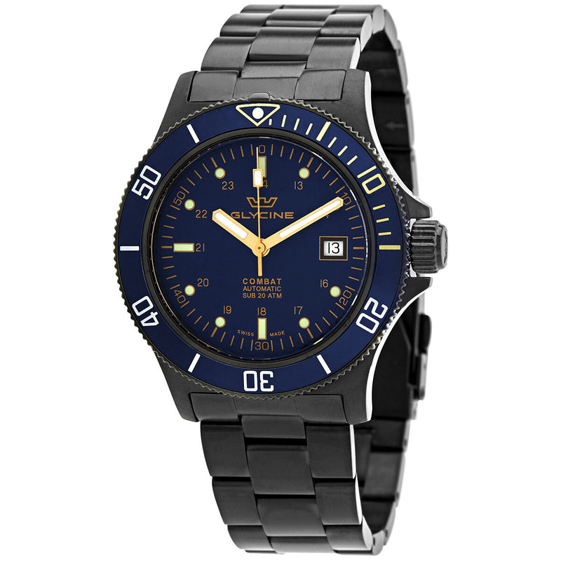 Glycine Combat Automatic Blue Dial Black PVD Men's Watch #GL0295 - Watches of America