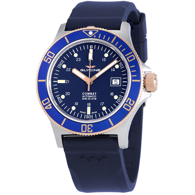 Glycine Combat Sub Automatic Blue Dial Blue Rubber Men's Watch #GL0089 - Watches of America