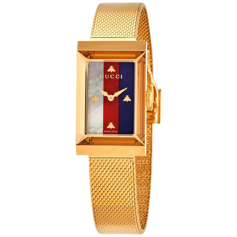 Gucci G-Frame Quartz White Red Blue Web Mother of Pearl Dial Ladies Watch #YA147410 - Watches of America