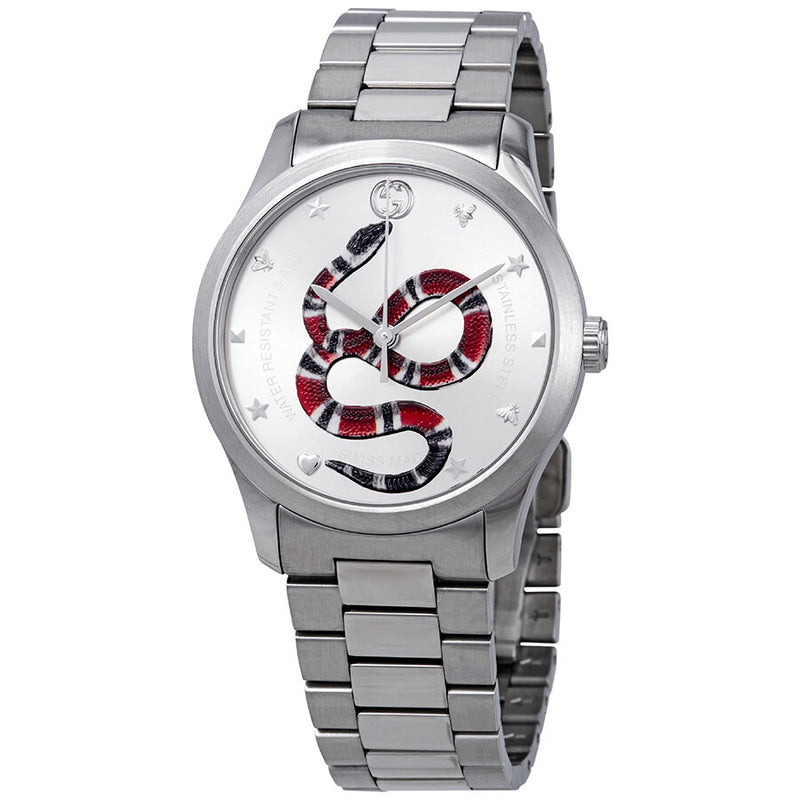 Gucci G-Timeless Silver Dial with Snake Motif Stainless Steel Watch #YA1264076 - Watches of America