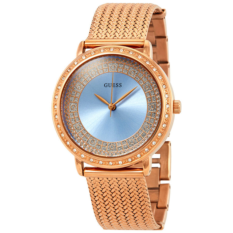 Guess Willow Crystal Blue Dial Rose Gold PVD Ladies Watch W0836L1 - Watches of America