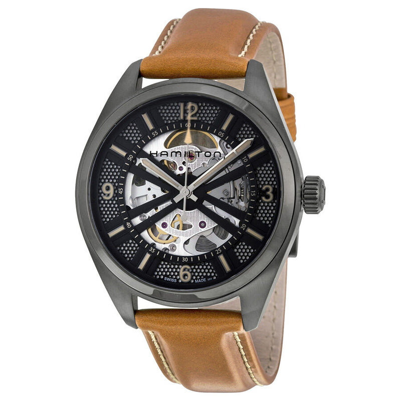 Hamilton Khaki Field Skeleton Dial Brown Leather Men's Watch #H72585535 - Watches of America