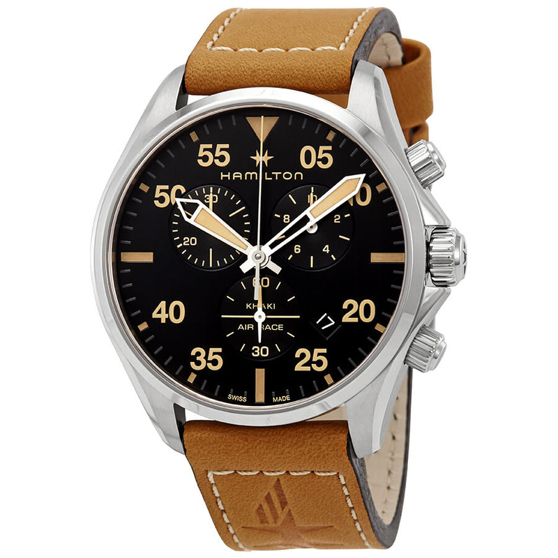 Hamilton Khaki Pilot Chronograph Black Dial Brown Leather Men's Watch #H76722531 - Watches of America