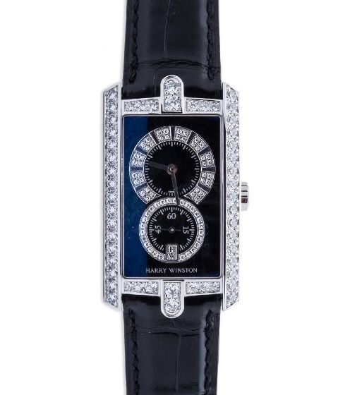 Harry Winston Avenue C Black Dial with Diamonds 18kt White Gold Black Leather Unisex Watch 331UQWLKDD32#331/UQWL.KD/D3.2 - Watches of America