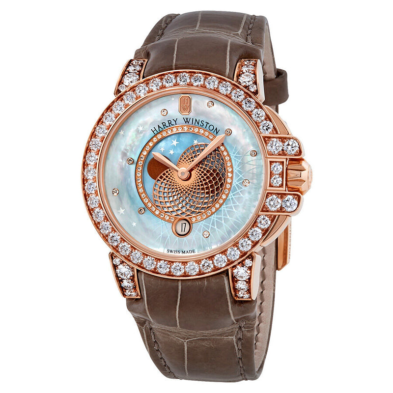 Harry Winston Ocean Moon Phase Blue Mother Of Pearl Dial Ladies Watch #OCEQMP36RR029 - Watches of America