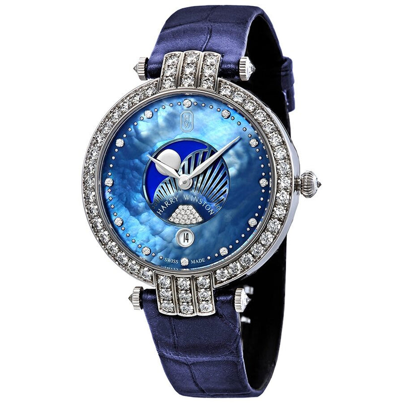 Harry Winston Premier Moon Phase Ladies 18k White Gold Diamond Set Watch #PRNQMP36WW002 - Watches of America