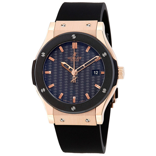 Hublot Classic Fusion Black Carbon Fiber Dial 18K Rose Gold Black Rubber Men's Watch #542.PM.1780.RX - Watches of America