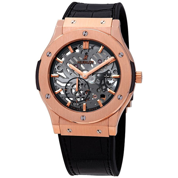 Hublot Classic Fusion 18kt Rose Gold Hand Wind Skeleton Dial Black Leather Men's Watch #515.OX.0180.LR - Watches of America