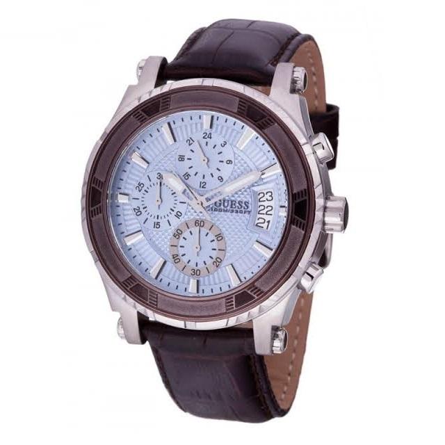 Guess Chronograph Blue Dial Leather Strap Men's Watch  W0673G1 - Watches of America