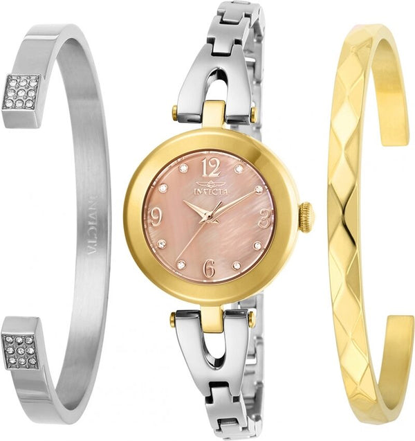 Invicta Angel Quartz Crystal Gold Dial Ladies Watch and Bracelet Set #29337 - Watches of America