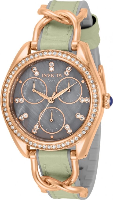 Invicta Angel Quartz Crystal Grey Dial Green Leather Ladies Watch #31203 - Watches of America