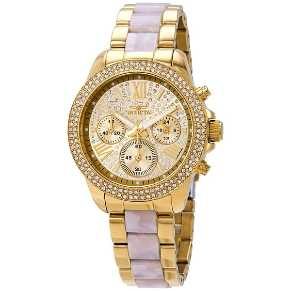 Invicta Angel Multi-Function Gold Crystal Dial Gold-plated Stainless Steel Tortoise Acetate Ladies Watch #20511 - Watches of America
