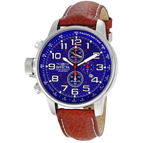 Invicta Lefty Chronograph Blue Dial Stainless Steel Brown Leather Band Unisex Watch #3328 - Watches of America