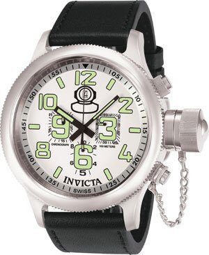 Invicta Russian Diver Chronograph White Dial Black Leather Men's Watch #7001 - Watches of America