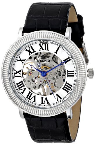 Invicta Specialty Mechanical Silver Skeletal Dial Black Leather Men's Watch #17243 - Watches of America