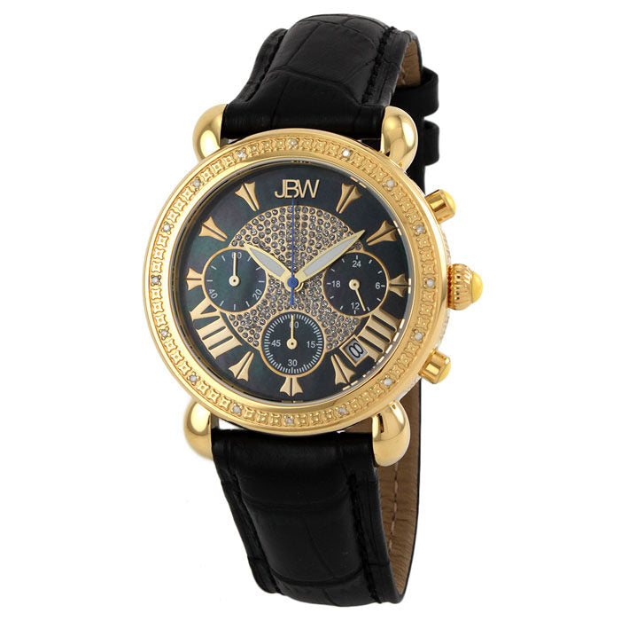 JBW Victory Diamond Bezel Chronograph Black Mother of Pearl Dial Black Leather Strap Ladies Watch #JB-6210L-F - Watches of America