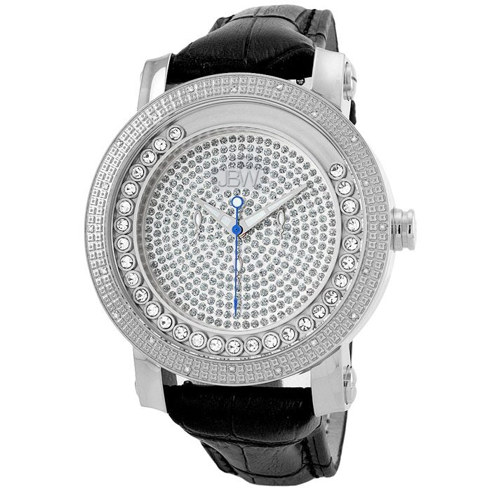 JBW Hendrix Steel Case Black Leather Strap White Crystal Pave Dial Men's Watch #JB-6211L-G - Watches of America