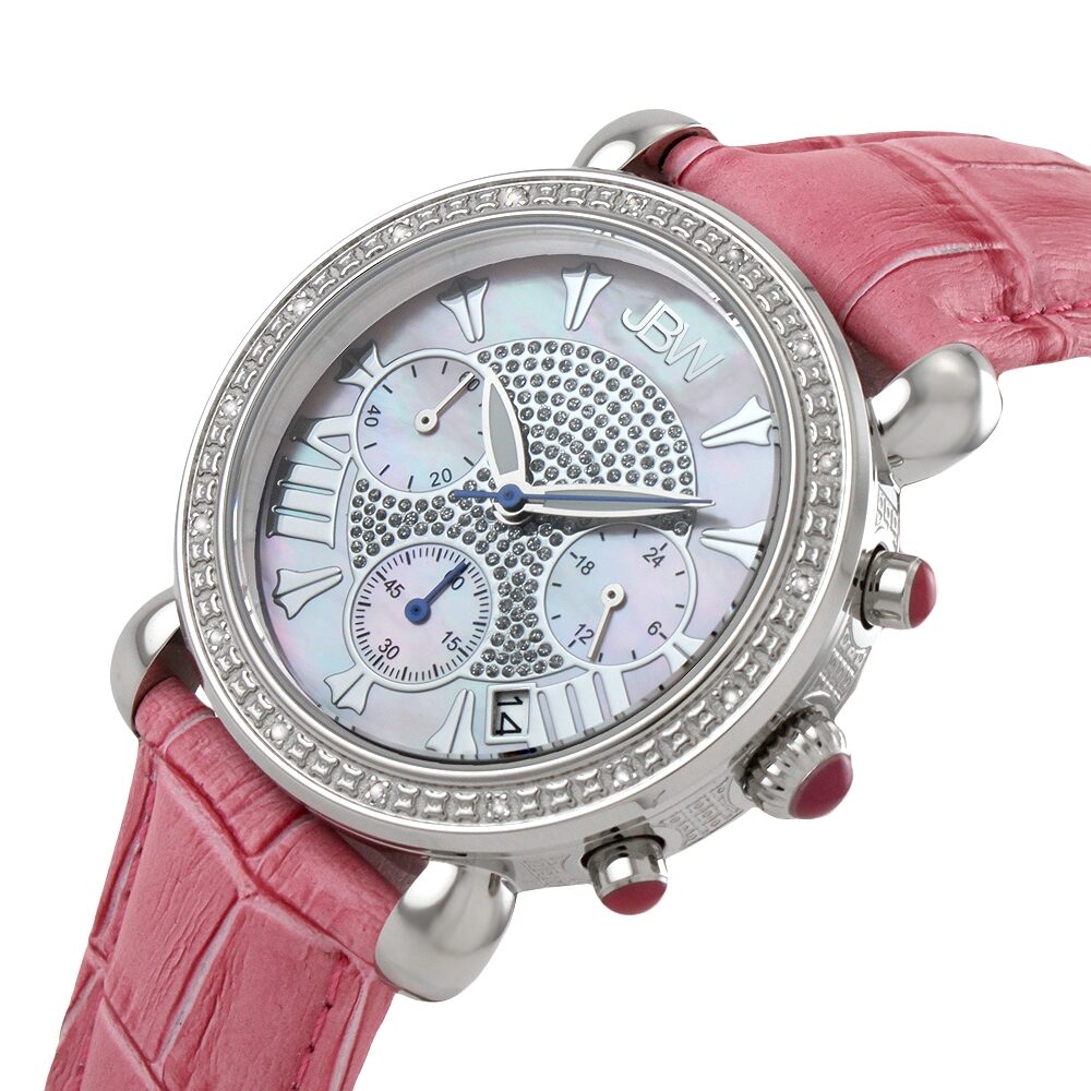 JBW Victory Diamond Bezel Chronograph Mother of Pearl Dial Pink Leather Ladies Watch JB 6210L E Watches of America