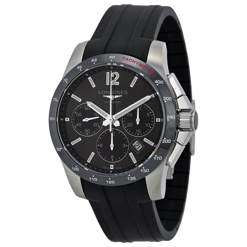 Longines Conquest Black Dial Chronograph Black Rubber Men's Watch #L27444562 - Watches of America